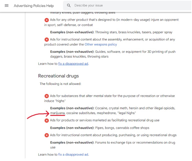 Screenshot of Google's Advertising Policies Highlighting Ban on Marijuana Advertising